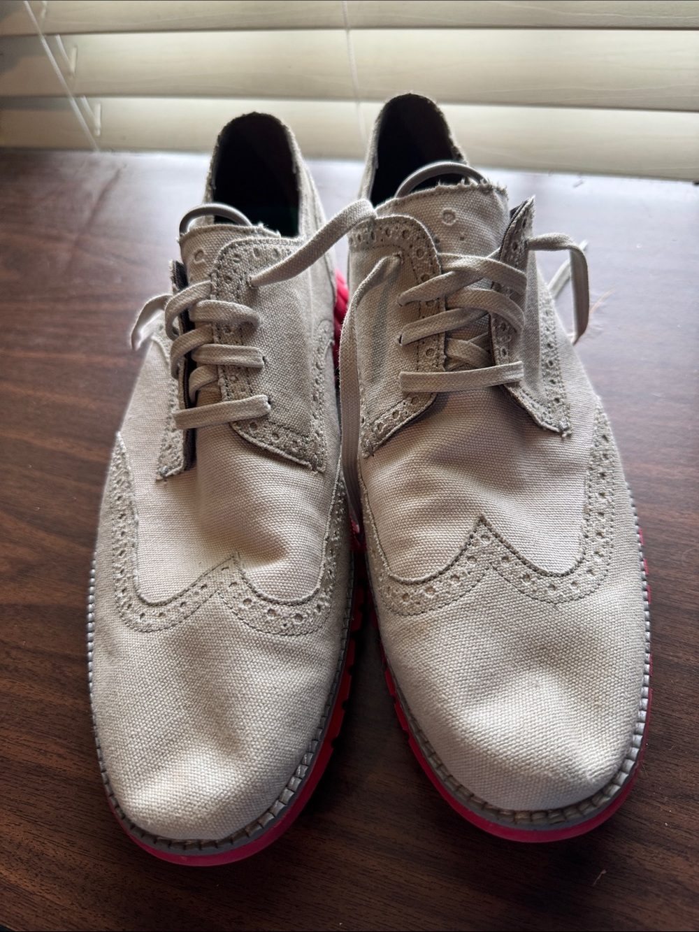 Men's Cole Haan Canvas Wingtip Derbys in Light Gray with Pink Soles